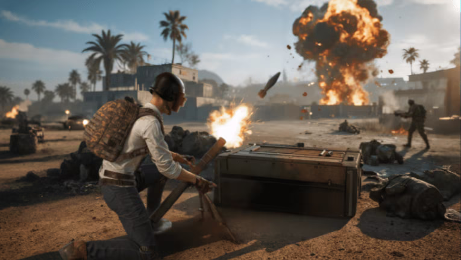 Personagem de PUBG Mobile utilizando um morteiro no campo de batalha.