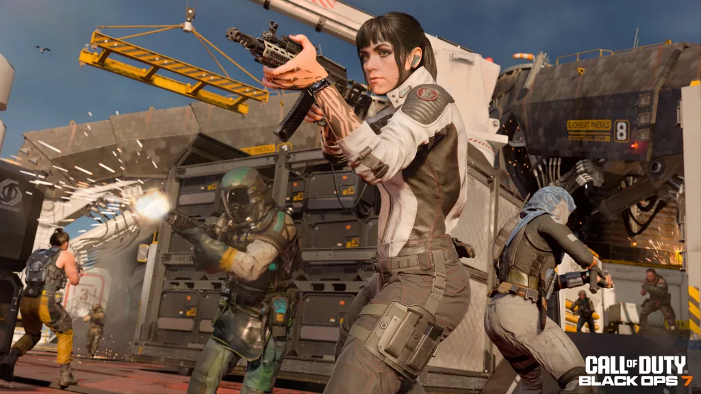 Cena clássica de Call of Duty: Black Ops 7 com vários personagens armados em posicionamento de combate.
