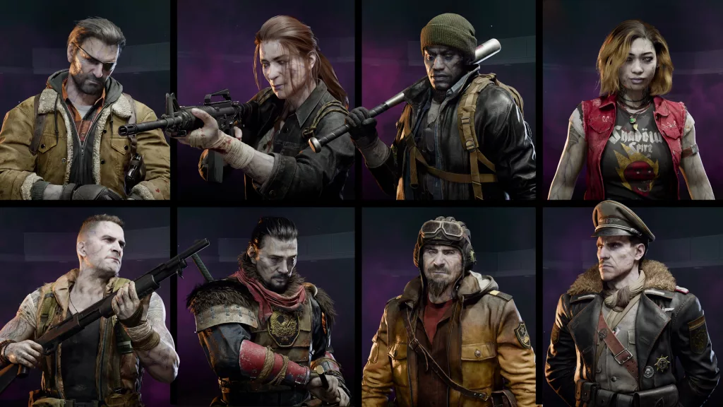Weaver, Grey, Carver e Maya em cima e Dempsey, Takeo, Nikolai e Richtofen em baixo. Protagonistas do modo Zumbis de Call of Duty Black Ops 7.