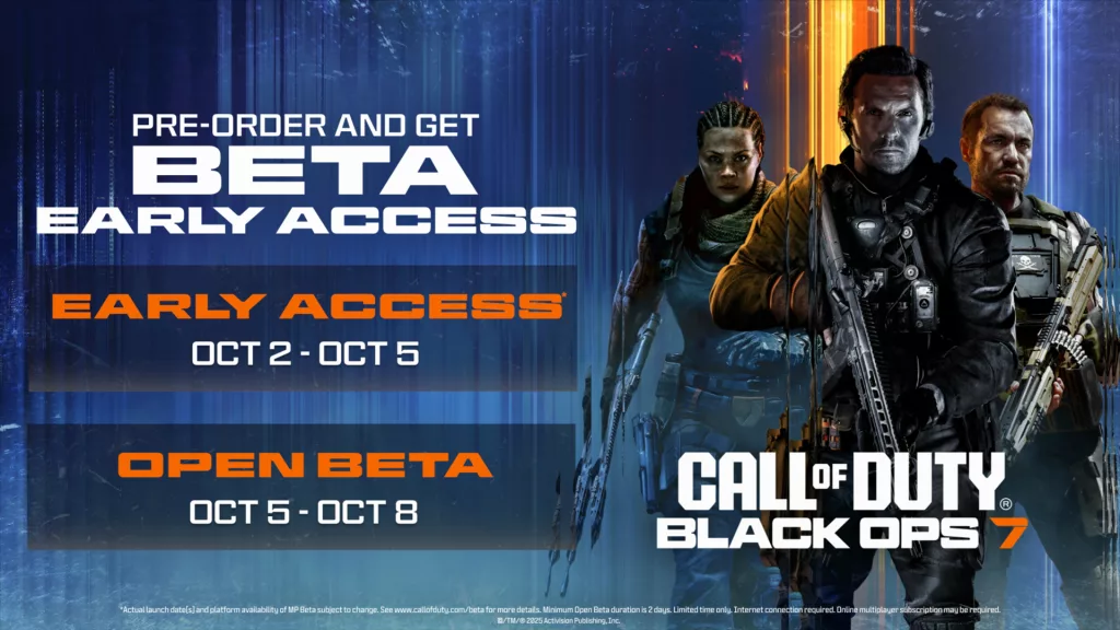 Imagem com datas do Beta antecipado e aberto de Call of Duty: Black Ops 7.