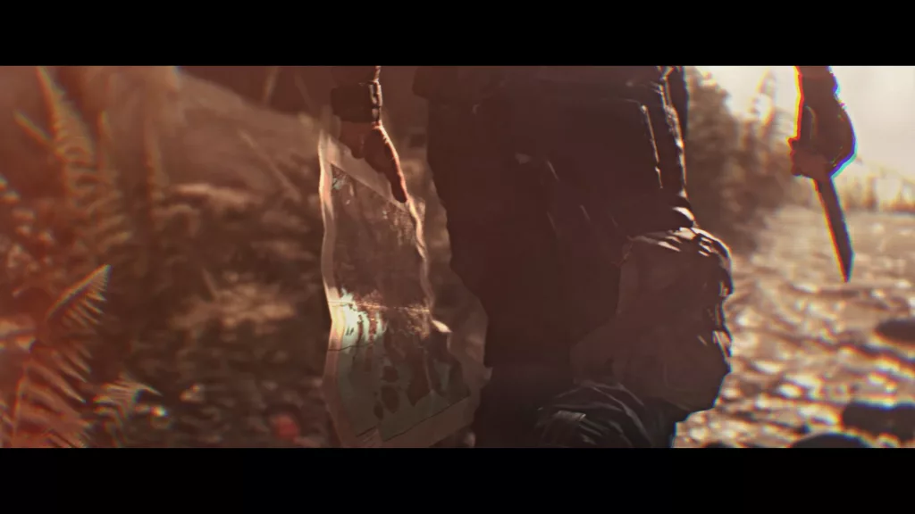 Kyle Crane andando com facão e mapa em meio a uma trilha no mato.