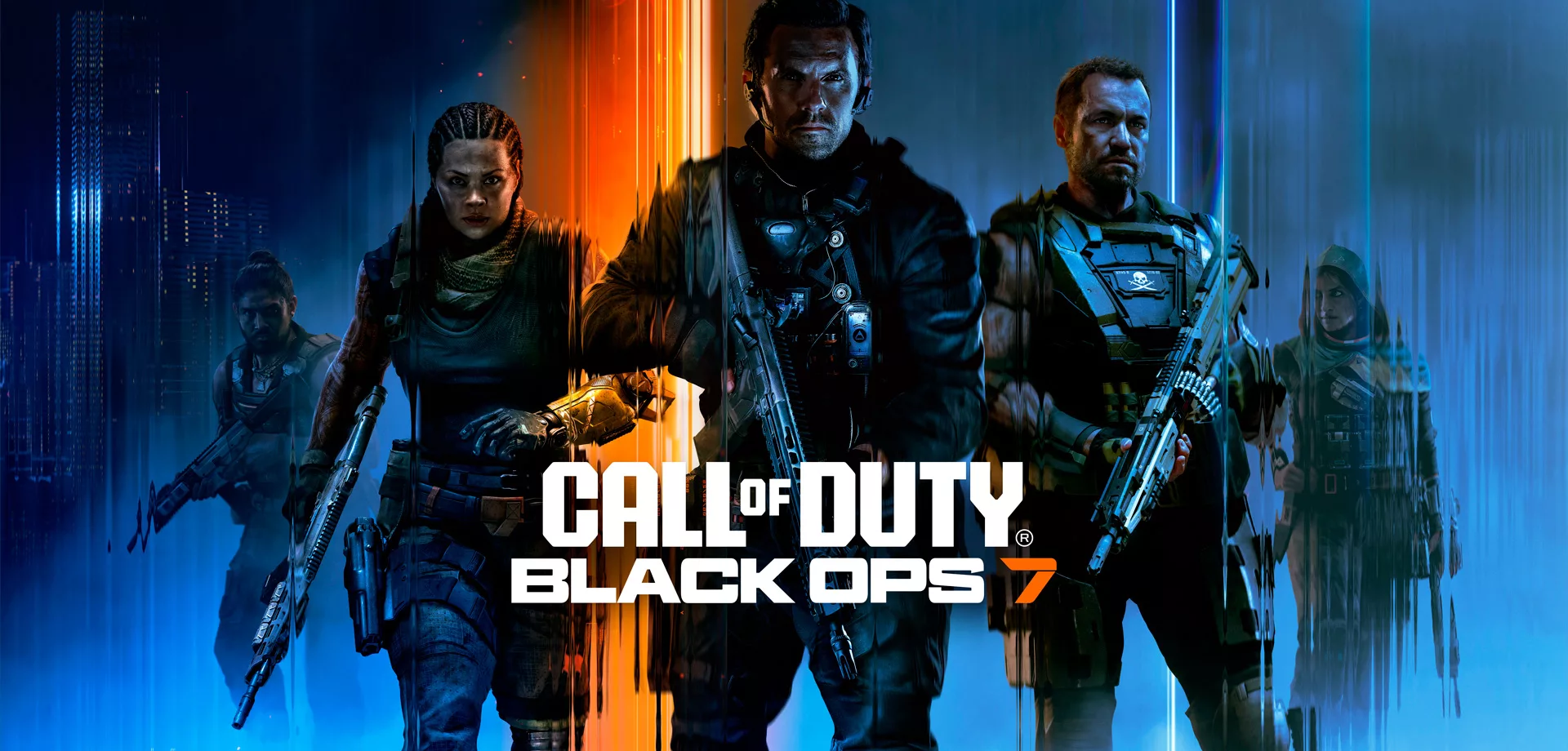 Personagens de Call of Duty Black Ops 7 em formação com a tela no estilo futurista com cores azuis e laranja.