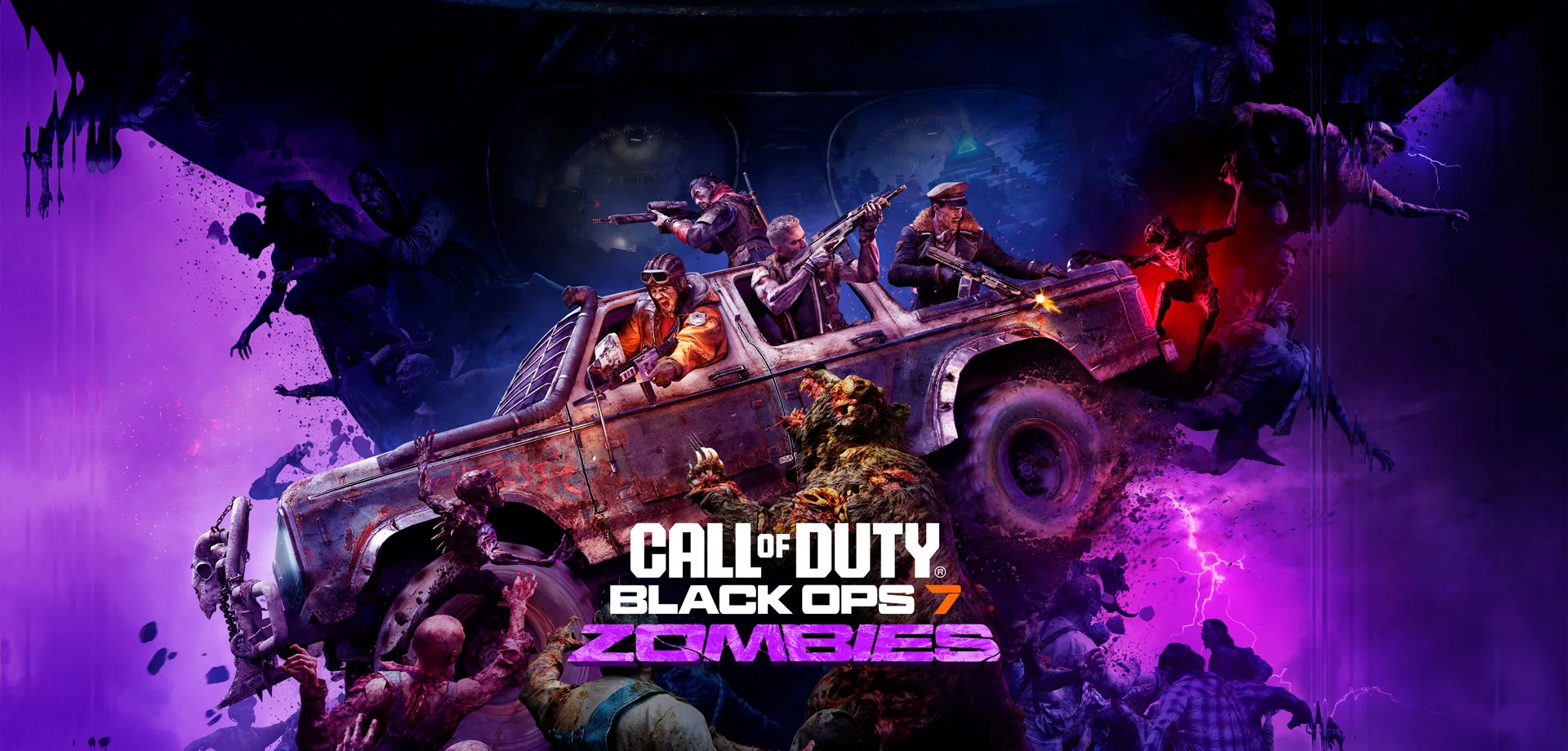 Capa de Call of Duty Black Ops 7 do modo Zumbis, com personagens no carro atropelando vários monstros e ao fundo a silhueta do vilão.
