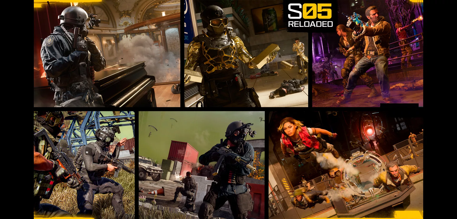 Capa da Temporada 5 Recarregada de Call of Duty Black Ops 6 com várias imagens de operadores em todos os modos de jogo.