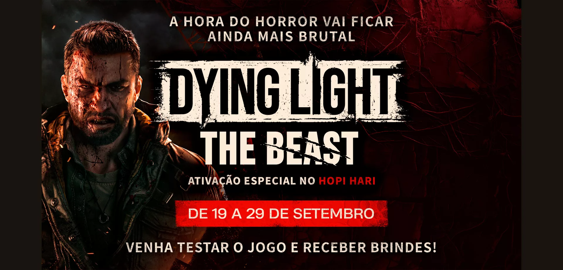 Dying Light The Beast ativação especial no Hopi Hari com personagem a esquerda na imagem.