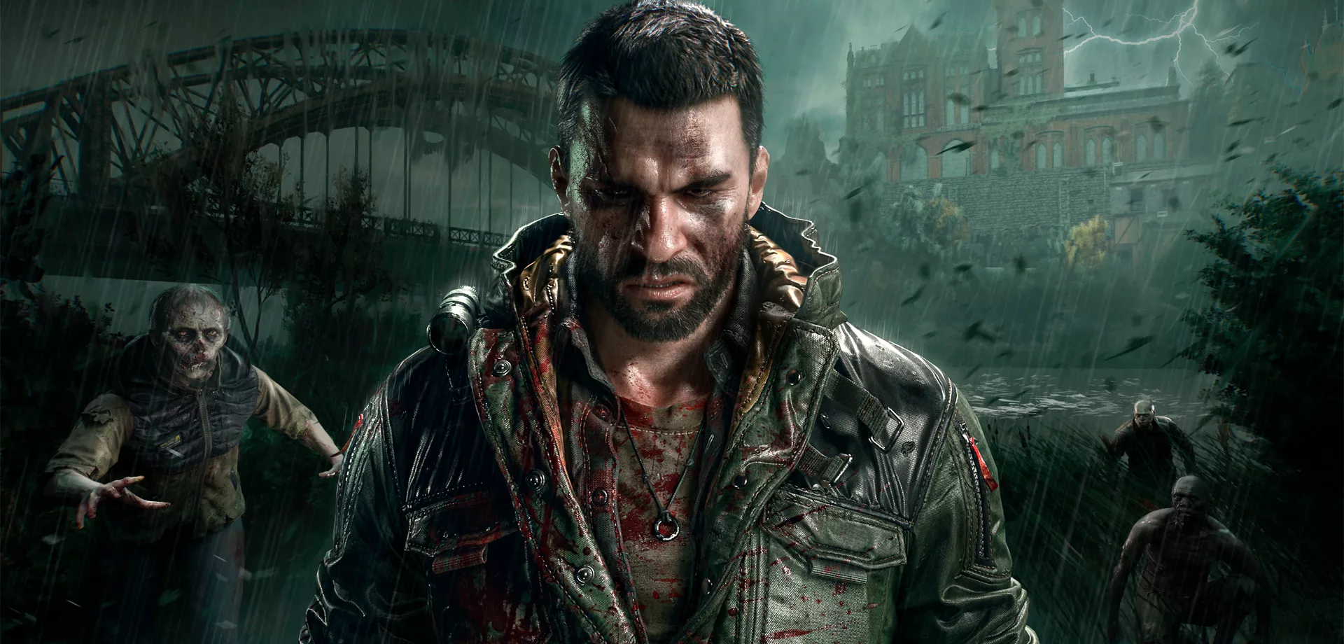 Kyle Crane em meio a temporal entre uma ponta e uma mansão e envolto de zumbis em Dying Light: The Beast.