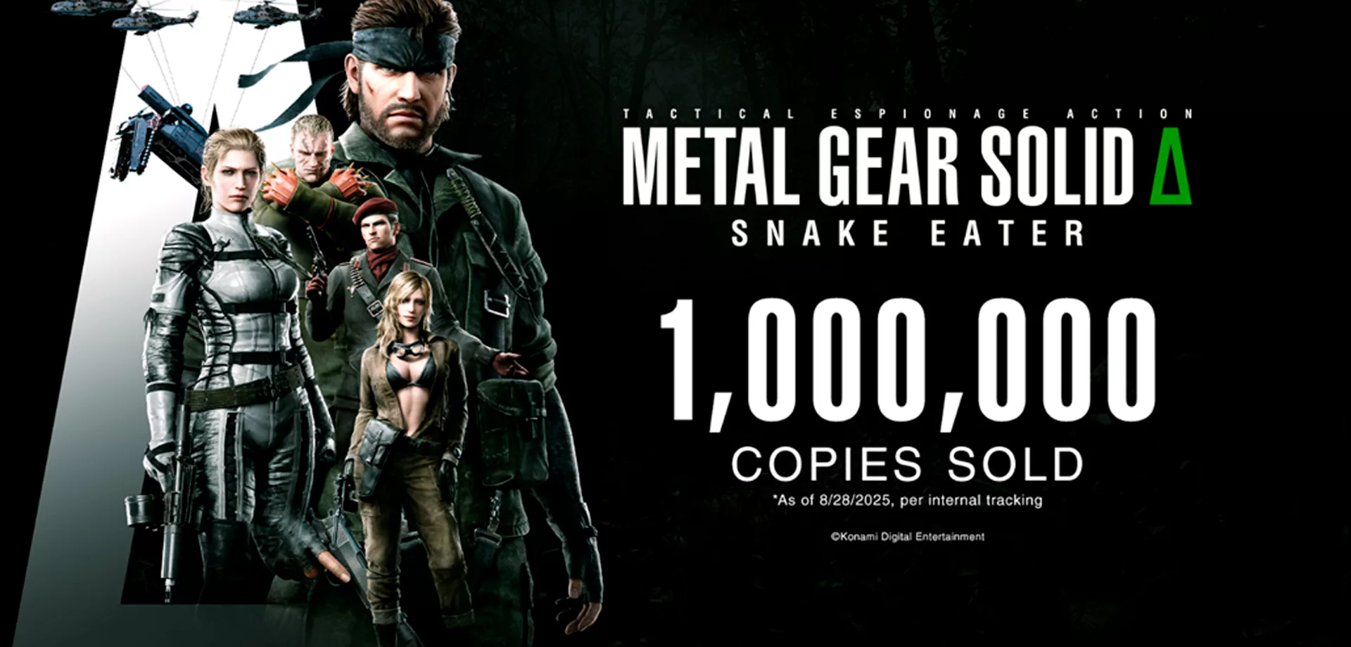 Imagem de Metal Gear Solid Δ com personagens de jogo e a declaração de 1 milhão de cópias vendidas.