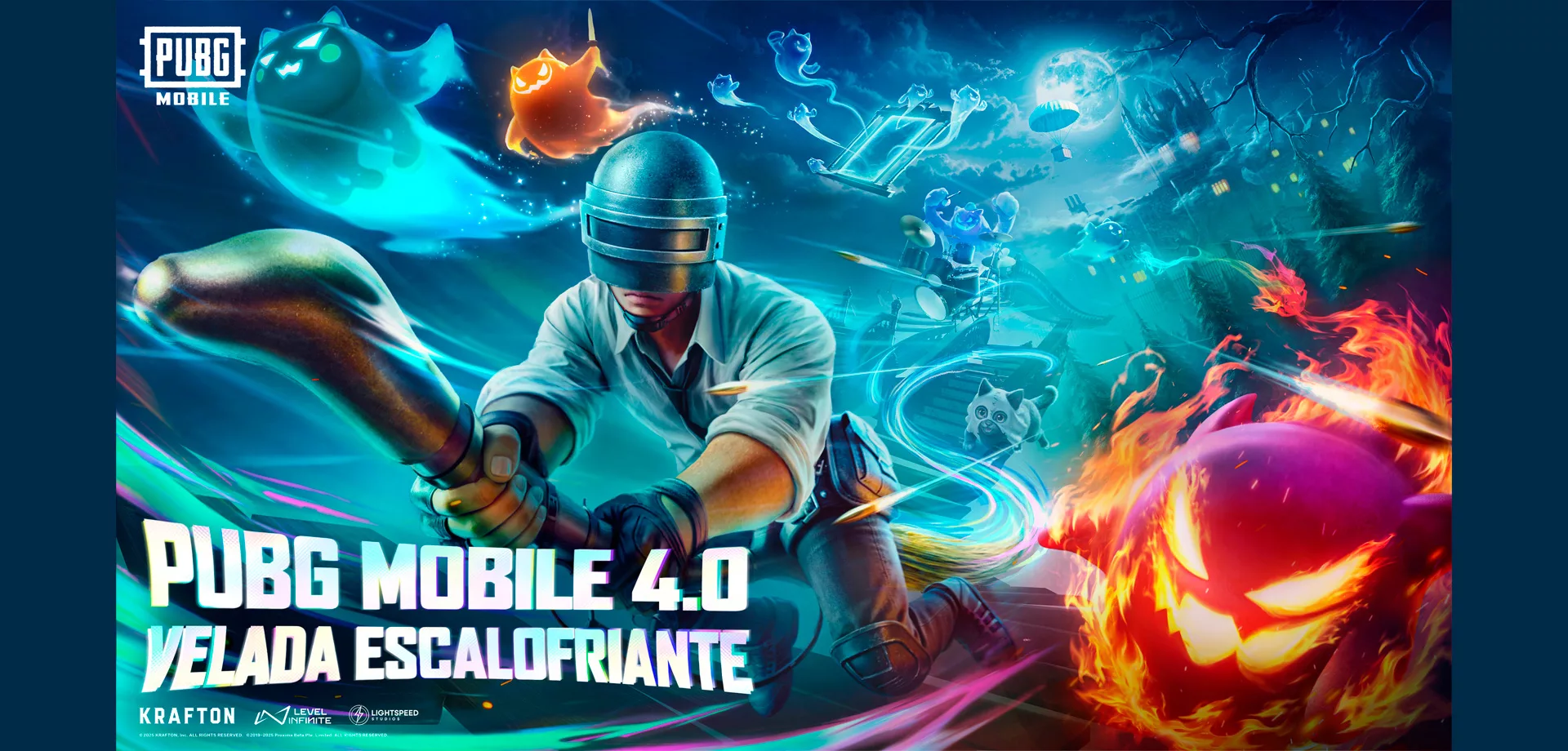 Capa de PUBG MOBILE com Atualização da Versão 4.0 e as novidades de Velada Escalofriante com personagem do jogo voando em vassoura mágica e envolto por fantasmas num cenário de terror.
