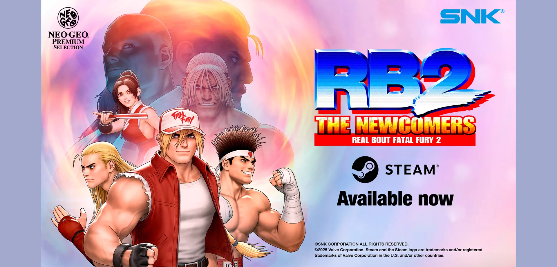 Personagens de Real Bout Fatal Fury 2: The Newcomer na esquerda, como Terry Bogard e Mai shiranui, além de Joe Higashi e Andy Bogard, entre outros. E a direita a logo do jogo e da Steam.