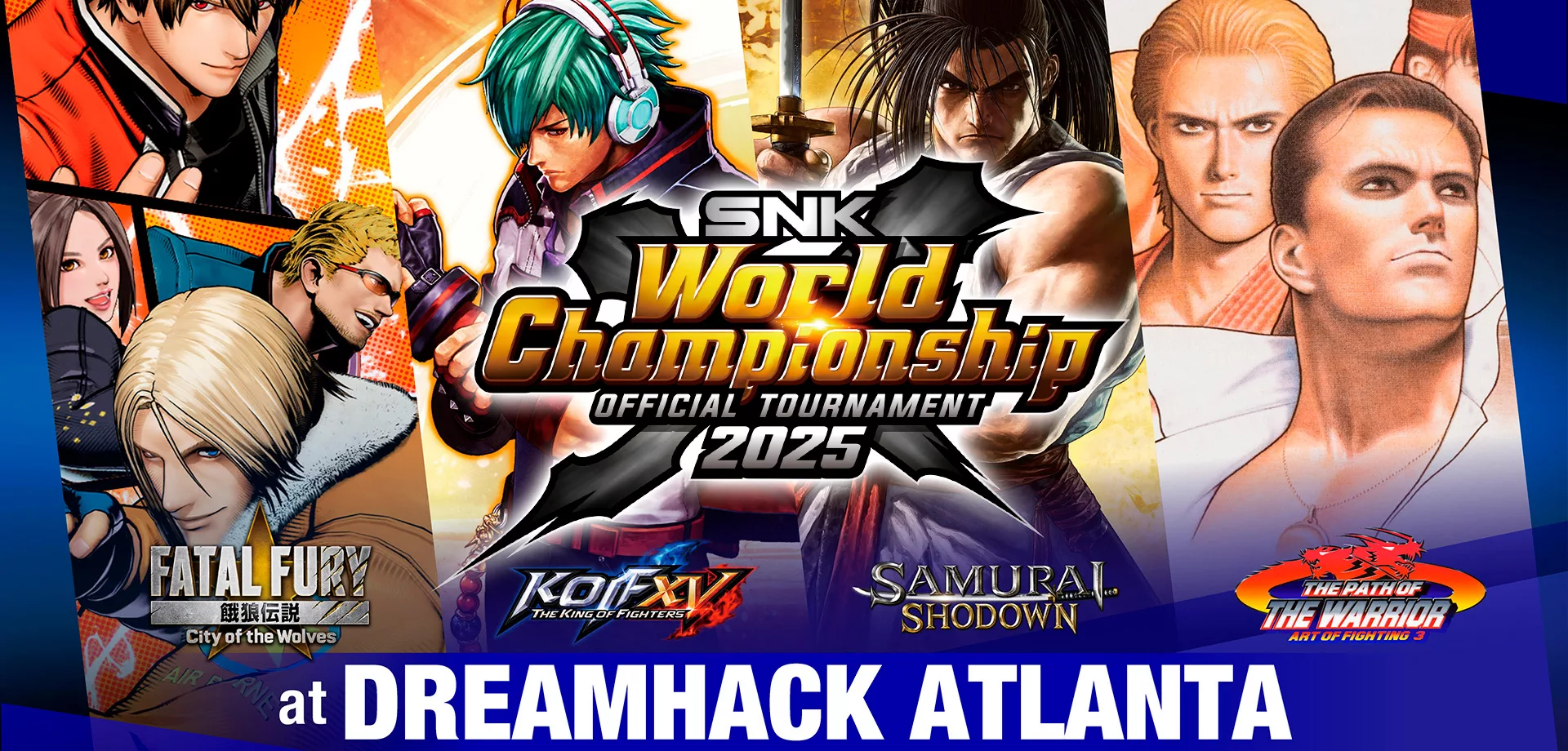 SNK World Championship 2025 com capa mostrando os jogos participantes o local, Dreamhack Atlanta e a premiação de 4.1 milhões de dólares.