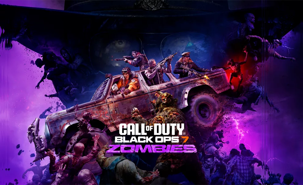 Capa de Call of Duty Black Ops 7 do modo Zumbis, com personagens no carro atropelando vários monstros e ao fundo a silhueta do vilão.