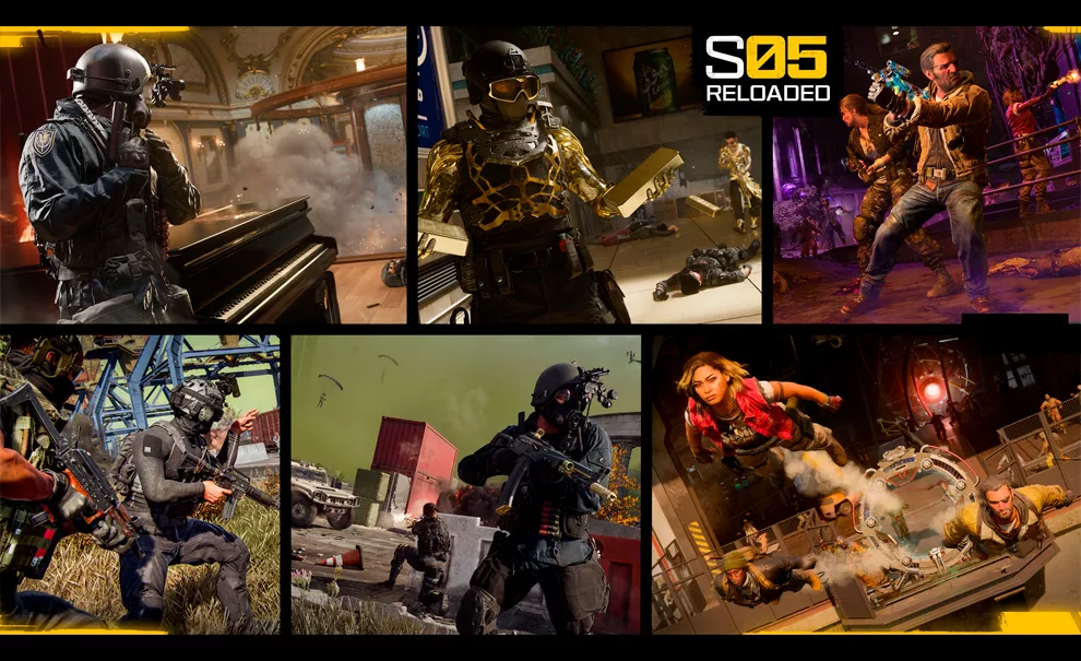 Capa da Temporada 5 Recarregada de Call of Duty Black Ops 6 com várias imagens de operadores em todos os modos de jogo.