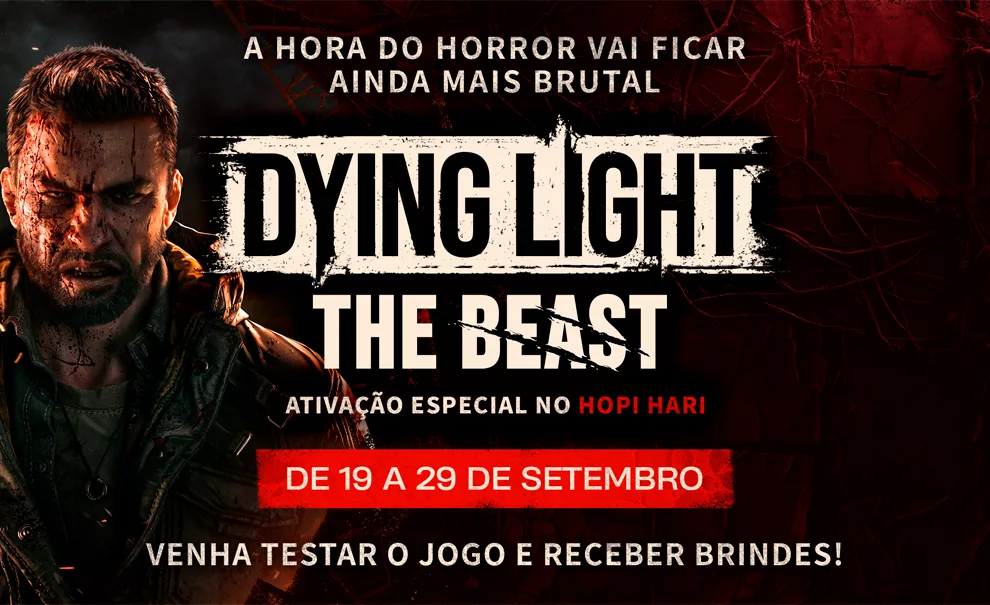Dying Light The Beast ativação especial no Hopi Hari com personagem a esquerda na imagem.