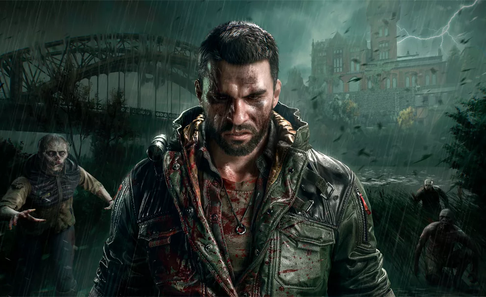 Kyle Crane em meio a temporal entre uma ponta e uma mansão e envolto de zumbis em Dying Light: The Beast.