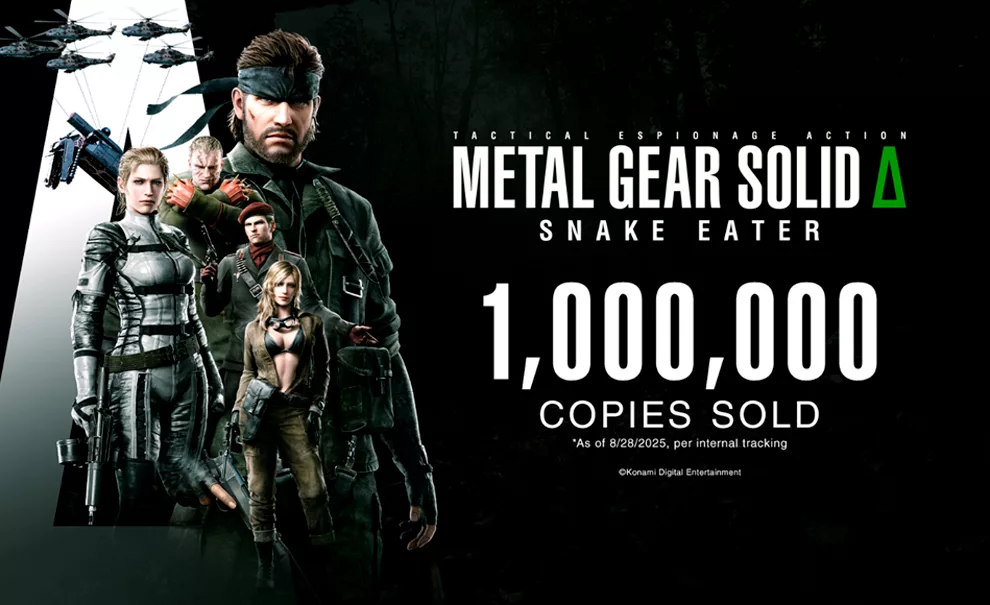 Imagem de Metal Gear Solid Δ com personagens de jogo e a declaração de 1 milhão de cópias vendidas.