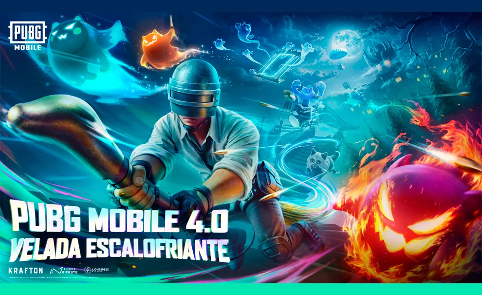 Capa de PUBG MOBILE com Atualização da Versão 4.0 e as novidades de Velada Escalofriante com personagem do jogo voando em vassoura mágica e envolto por fantasmas num cenário de terror.