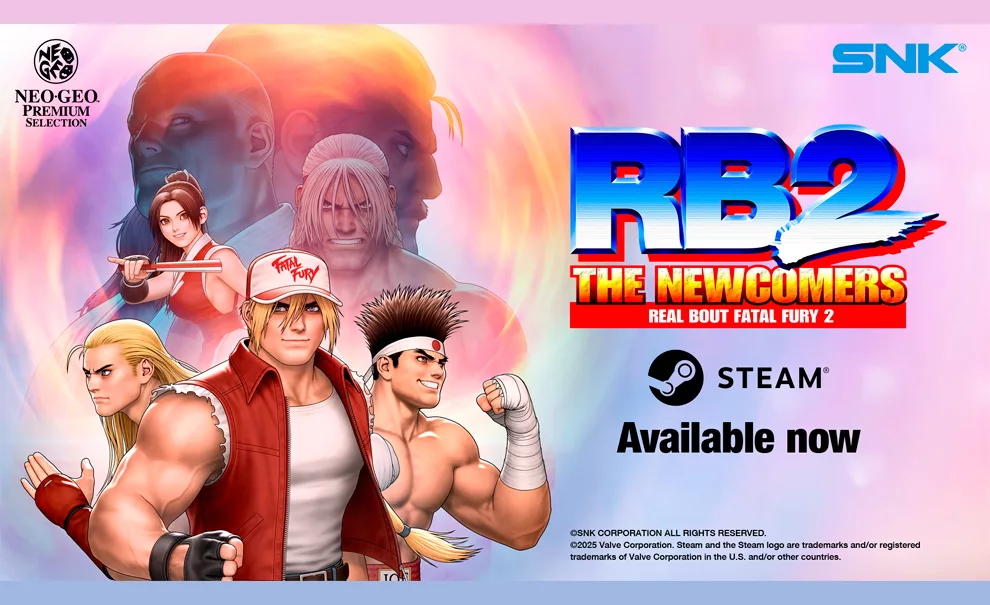 Personagens de Real Bout Fatal Fury 2: The Newcomer na esquerda, como Terry Bogard e Mai shiranui, além de Joe Higashi e Andy Bogard, entre outros. E a direita a logo do jogo e da Steam.