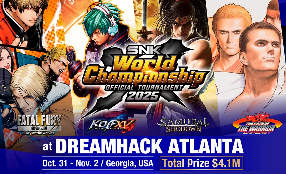 SNK World Championship 2025 com capa mostrando os jogos participantes o local, Dreamhack Atlanta e a premiação de 4.1 milhões de dólares.