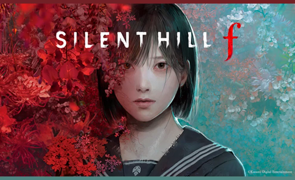 Personagem Hinako de Silent Hill f Entre flores vermelhas e verdes.