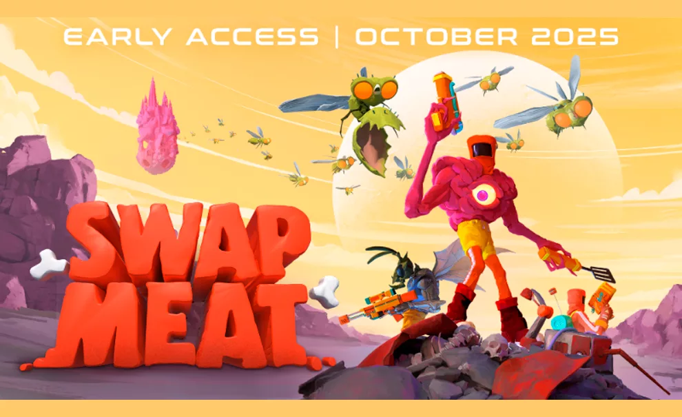 Logo de Swapmeat a esquerda com personagens e monstros à direita e a confirmação do Early Access em Outubro de 2025.