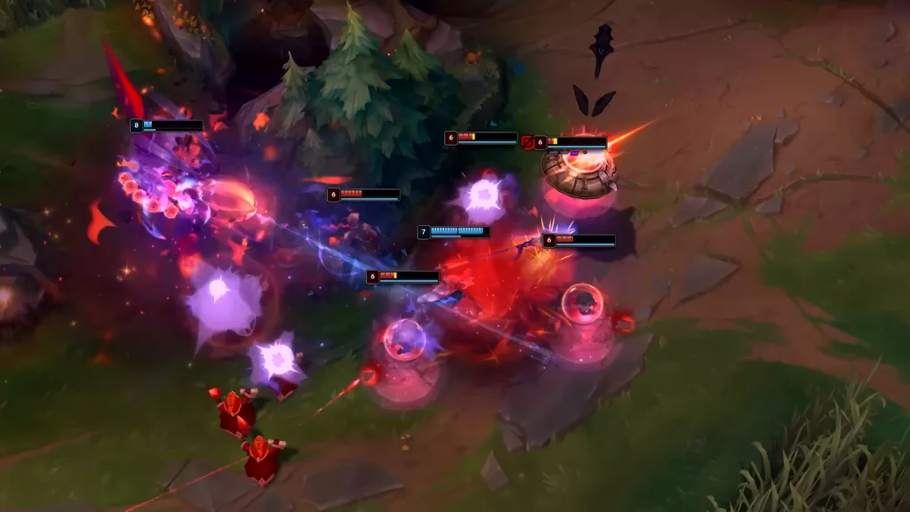 Yunara e Xin enfrentando os Bots da Condenação em Runeterra.