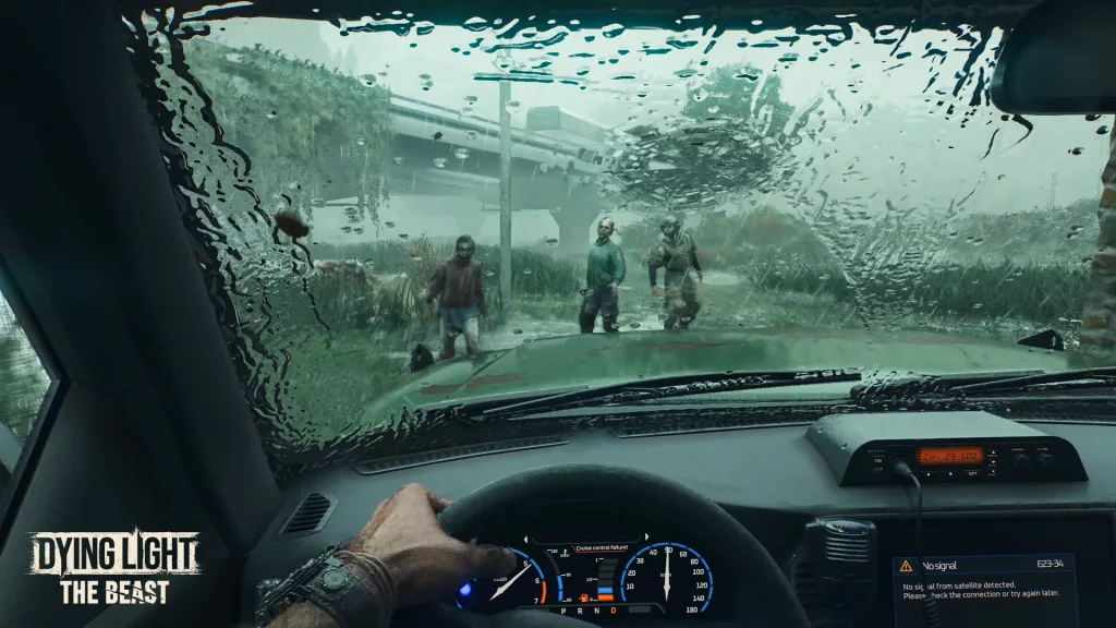 Kyle dentro do carro dirigindo na chuva de encontro a 3 zumbis.
