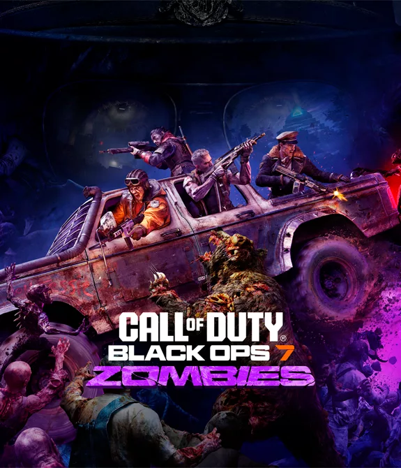 Capa de Call of Duty Black Ops 7 do modo Zumbis, com personagens no carro atropelando vários monstros e ao fundo a silhueta do vilão.