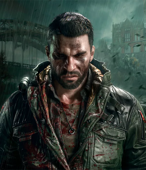 Kyle Crane em meio a temporal entre uma ponta e uma mansão e envolto de zumbis em Dying Light: The Beast.