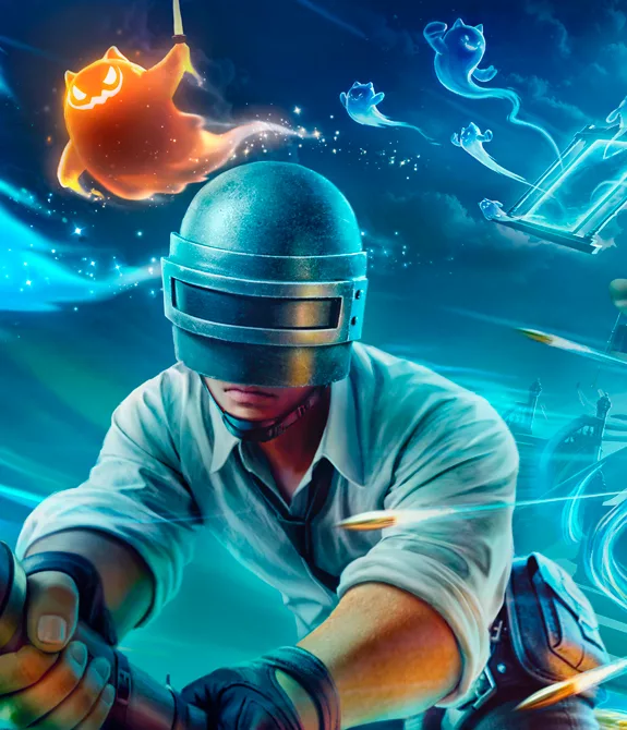 Capa de PUBG MOBILE com Atualização da Versão 4.0 e as novidades de Velada Escalofriante com personagem do jogo voando em vassoura mágica e envolto por fantasmas num cenário de terror.