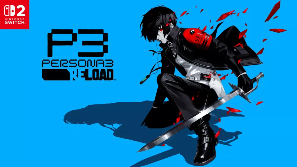 Imagem de Persona 3 Reload com personagem agachado e portanto uma espada enquanto olha pra frente.