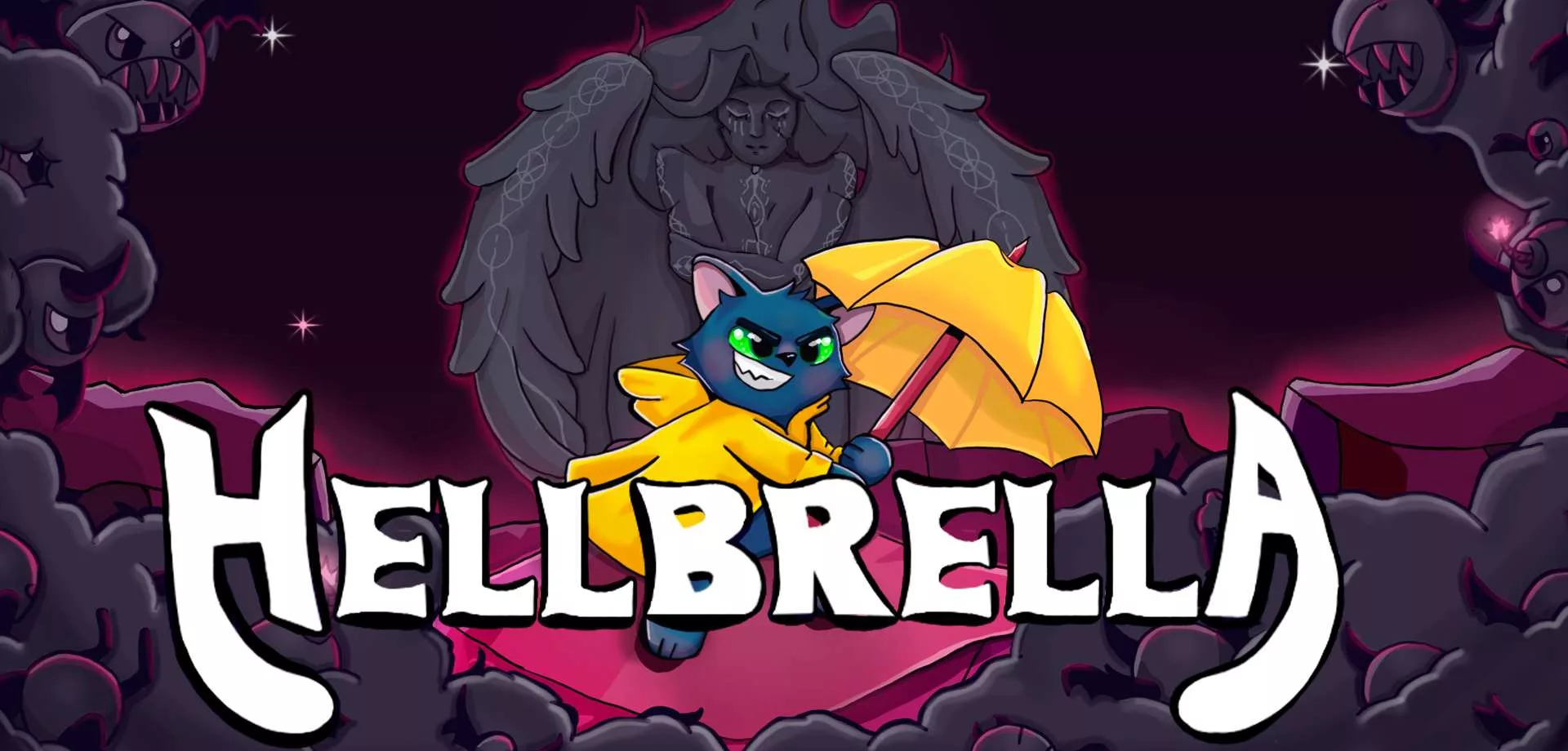 Capa de Hellbrella (o protagonista em destaque, um gato com capa de guarda-chuva)