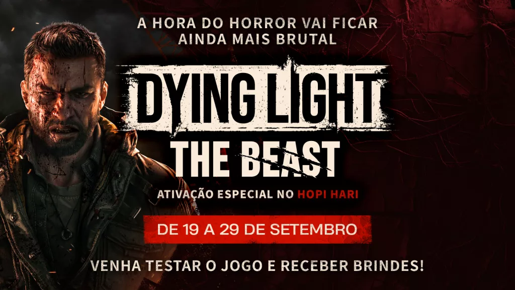 Dying Light The Beast ativação especial no Hopi Hari com personagem a esquerda na imagem.