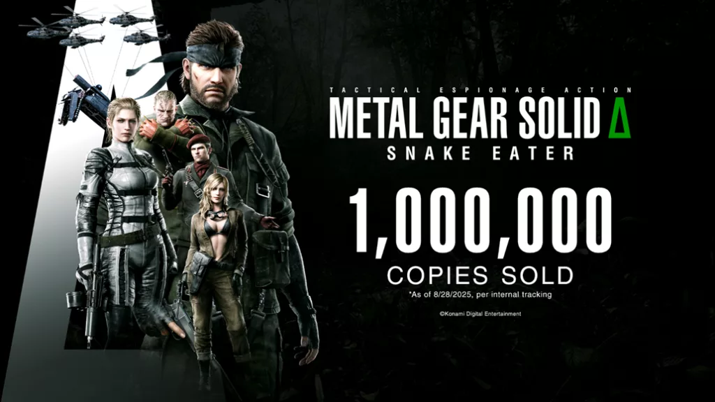 Imagem de Metal Gear Solid Δ com personagens de jogo e a declaração de 1 milhão de cópias vendidas.
