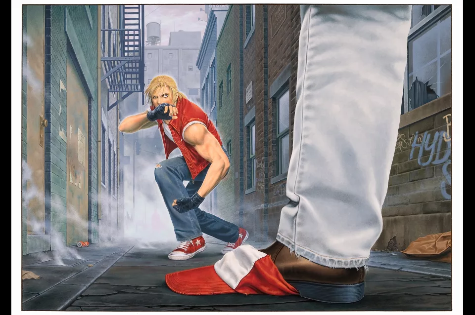 Terry bogard limpando o rosto enquanto observa adversário pisando em seu boné.