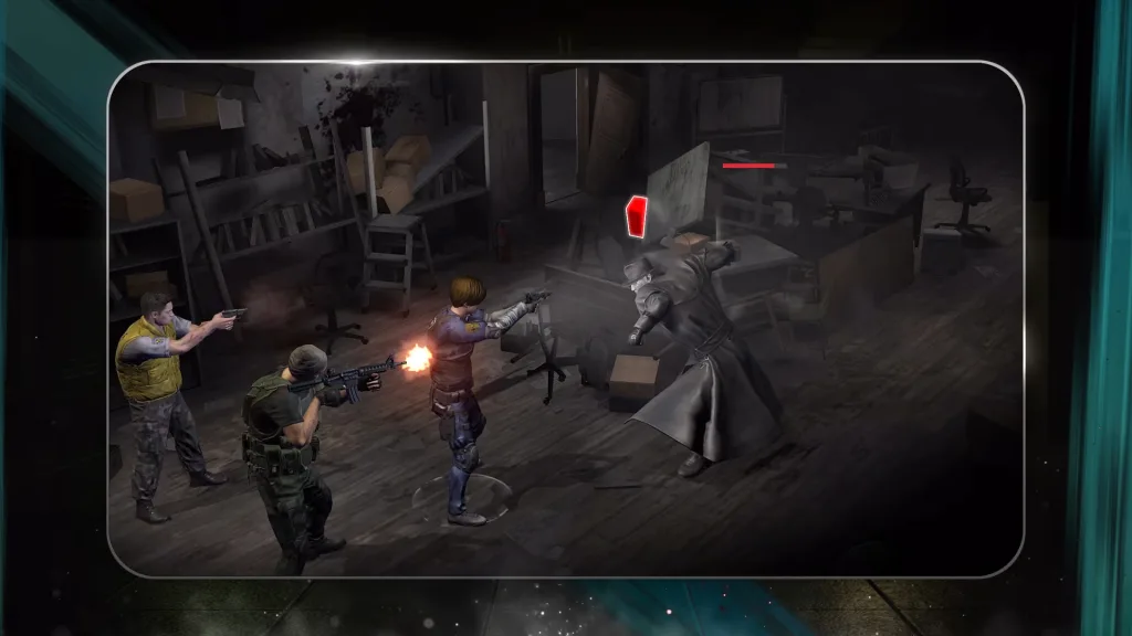 Cena do jogo Mobile com 3 personagens enfrentando o vilão Mister X.
