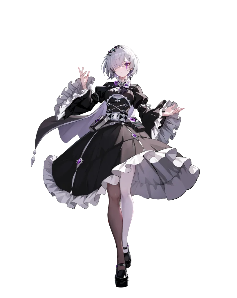 Personagem Eliade com cabelos brancos e curtos, vestido preto e branco de saia longa e salto alto, com maquiagem pálida.