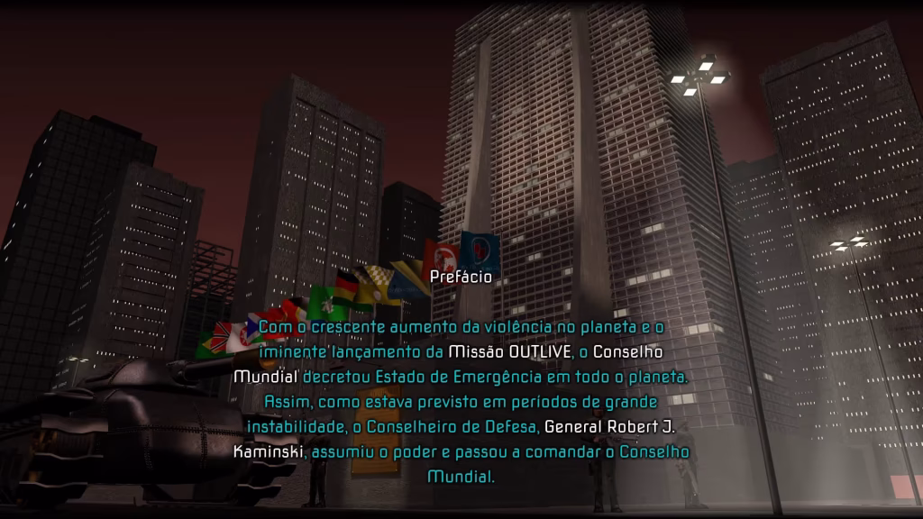 Tela com prédios e bandeiras de países e as escritas de um prefácio.