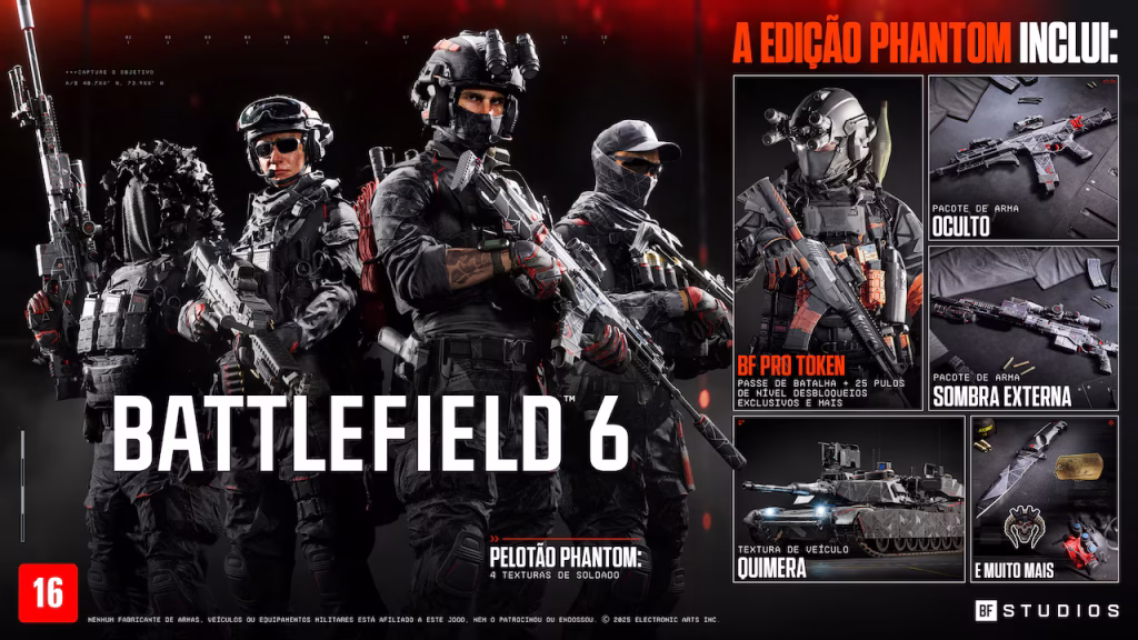 Edição Phantom de Battlefield 6 com texturas de soldado, BF Pro Token, Pacotes de armas, textura de veículo entre outras coisas.
