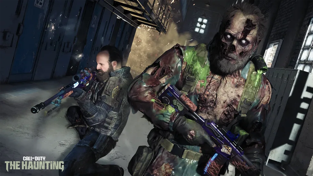 Personagem comum e outro em skin de zumbi.