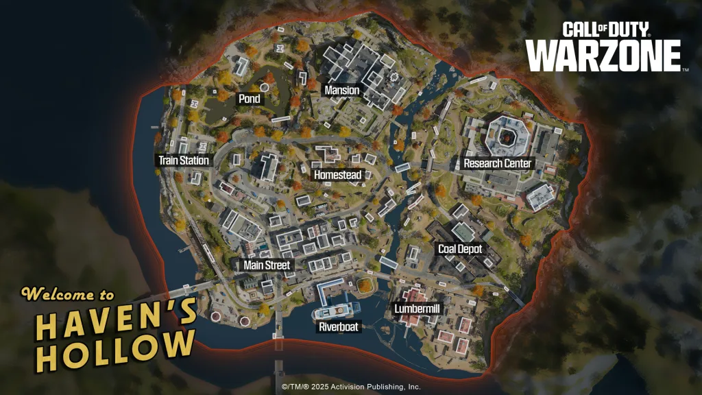 Call of Duty Warzone e seu mapa visto de cima de Haven's Hollow.