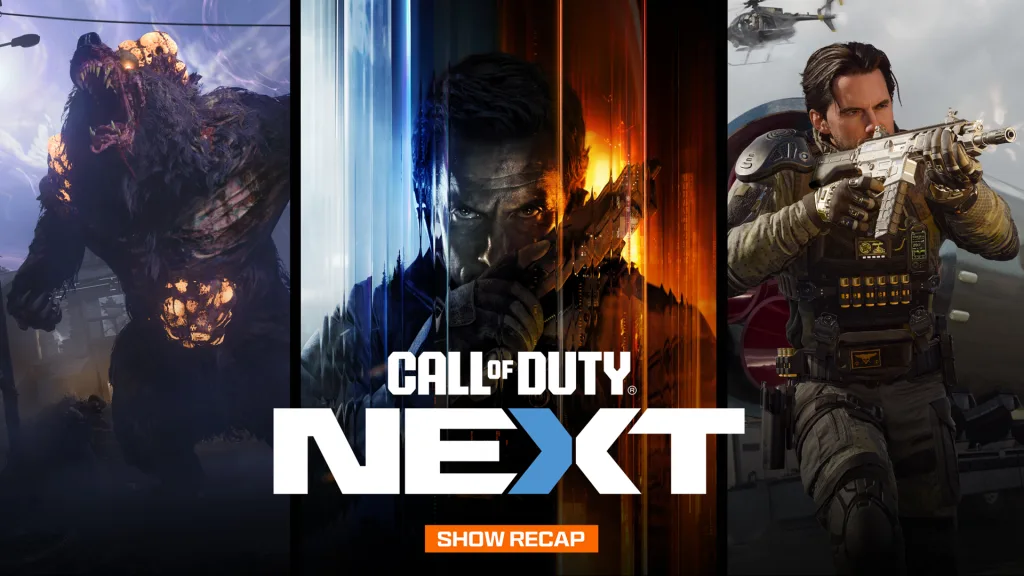 Call of Duty NEXT e sua capa com as 3 versões de Black Ops 7, Zumbis, Campanha e Multiplayer.