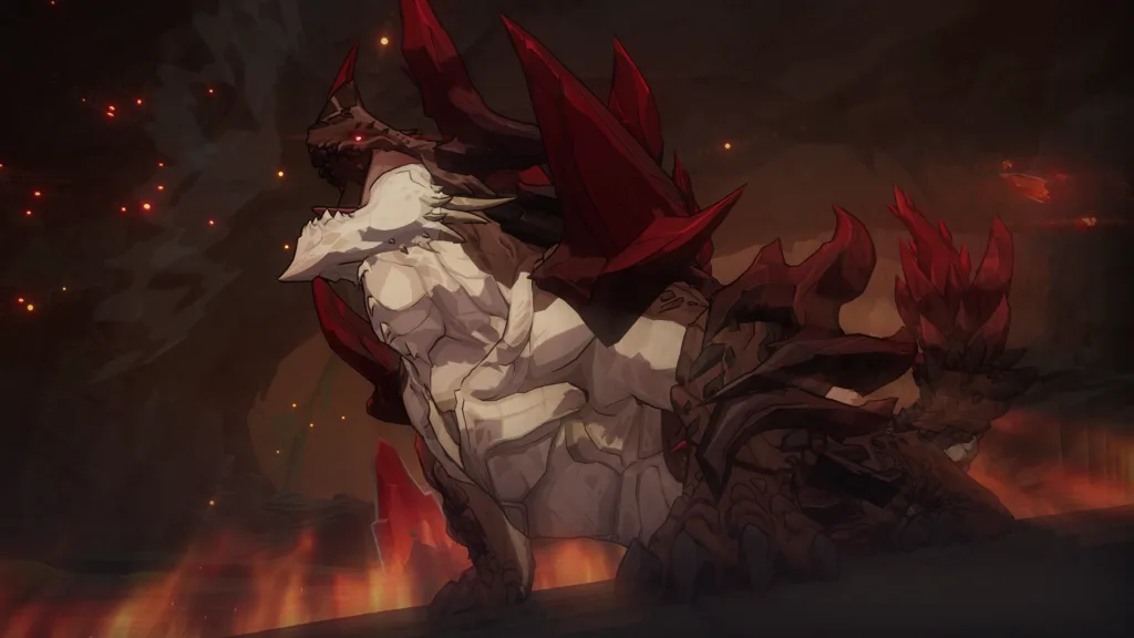 Monstro Stone Drake rugindo para o alto em um fundo de tela com pedras.