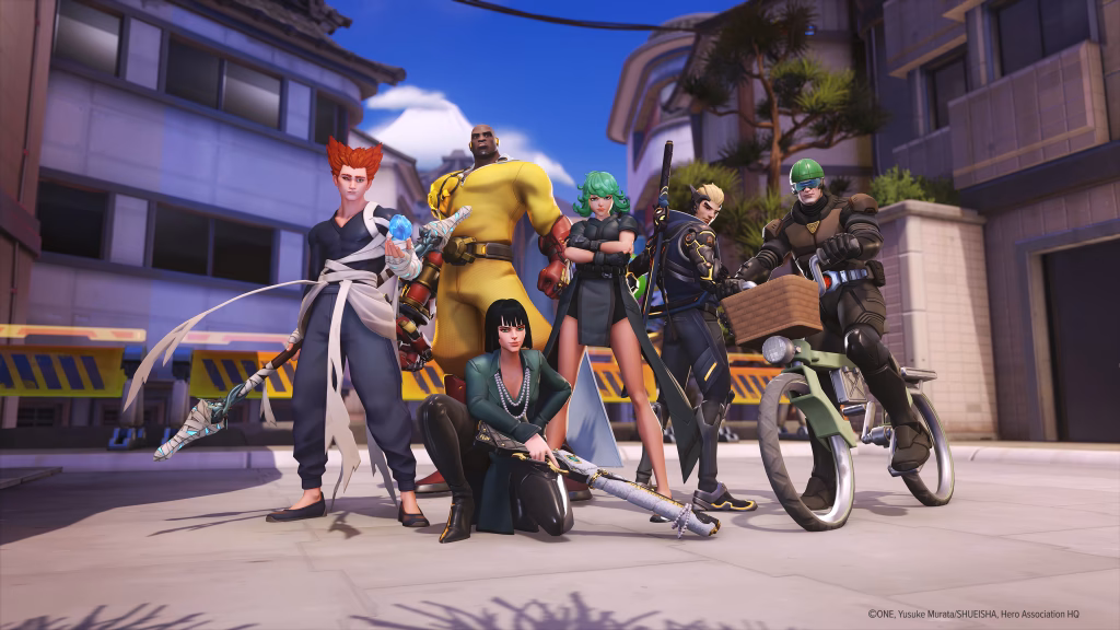 Heróis de Overwatch 2 com roupas de One-Punch Man.