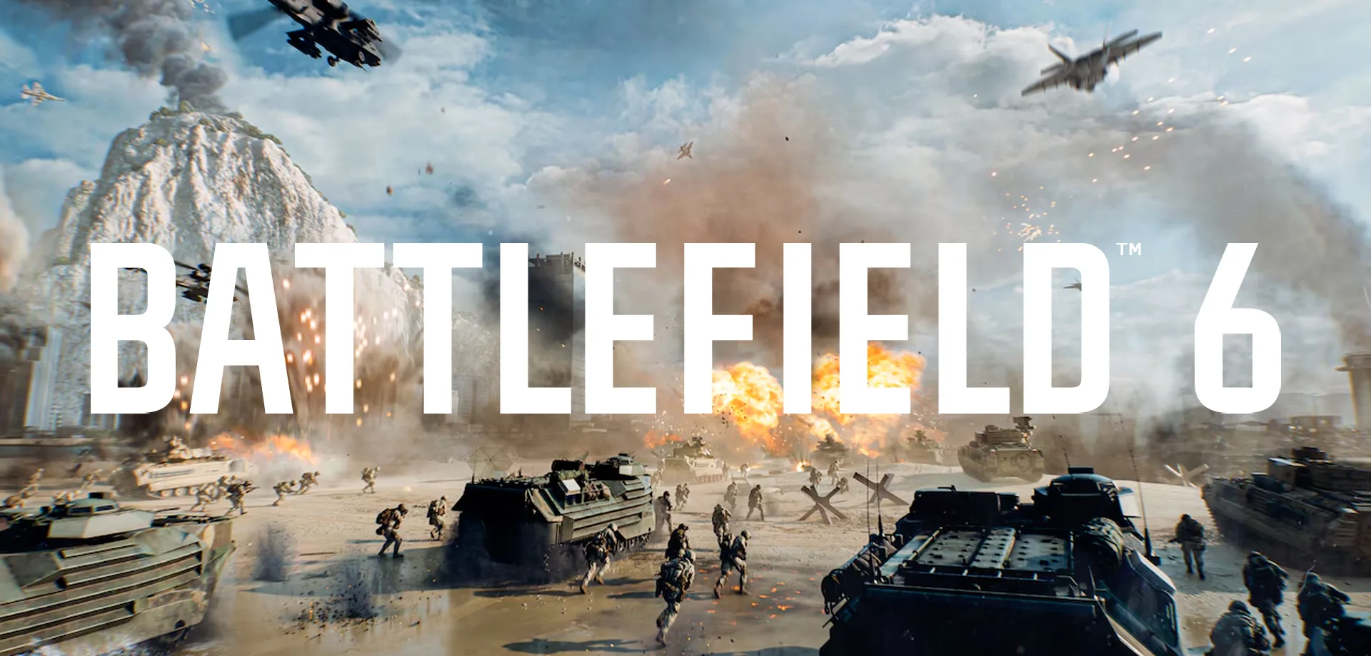 Um campo de batalha em uma praia, com blindados, helicópteros e aviões, além de muitos soldados desembarcados. Tudo isso com a logo de Battlefield 6 à frente.