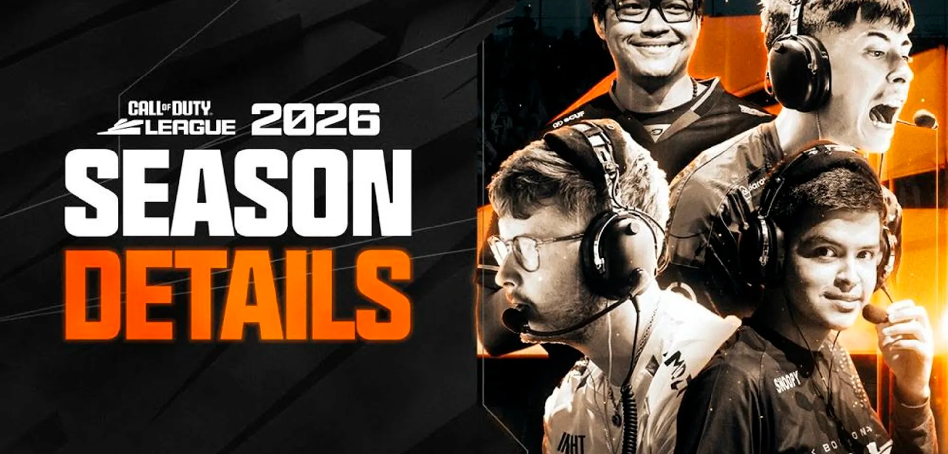 Logo da Call of Duty League 2026 com fotos de jogadores à direita.