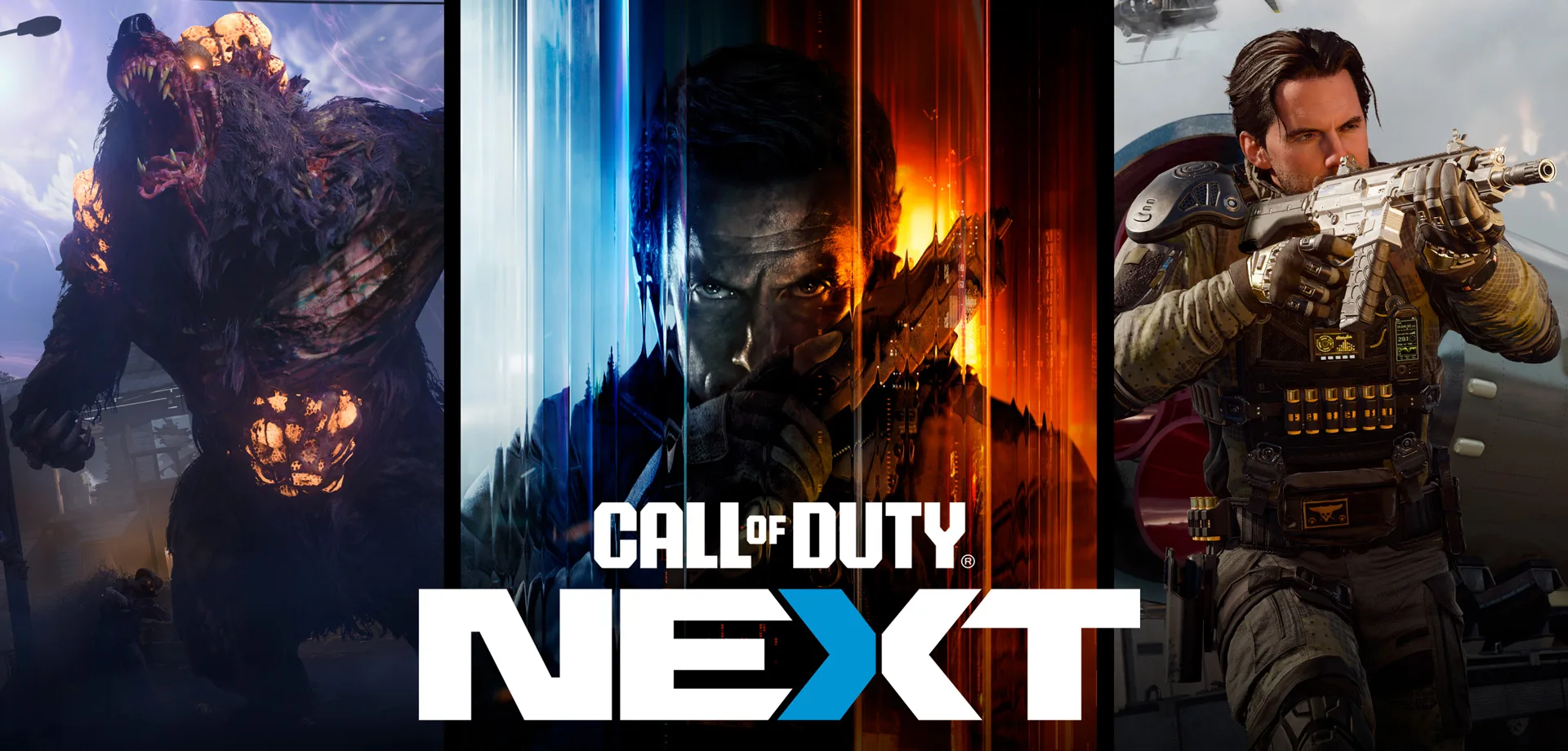 Call of Duty NEXT e sua capa com as 3 versões de Black Ops 7, Zumbis, Campanha e Multiplayer.