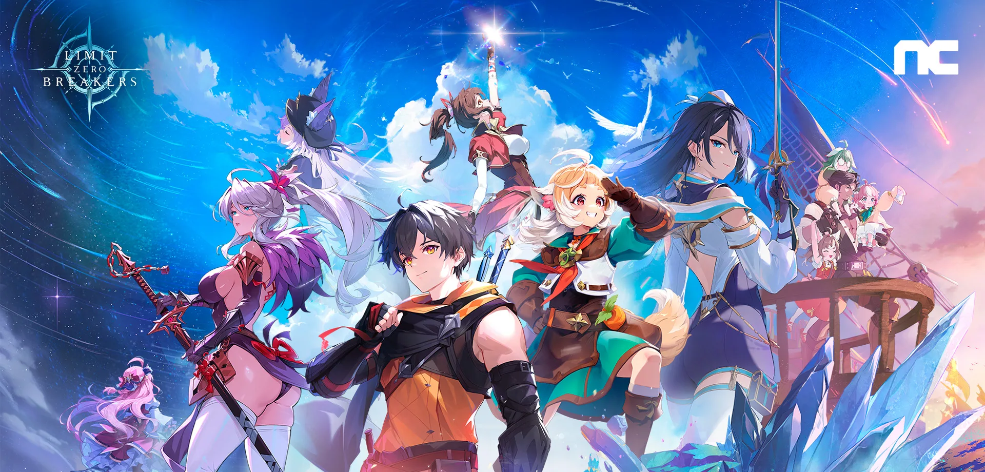 Capa com muitas personagens de Limit Zero Breakers em um fundo com nuvens.