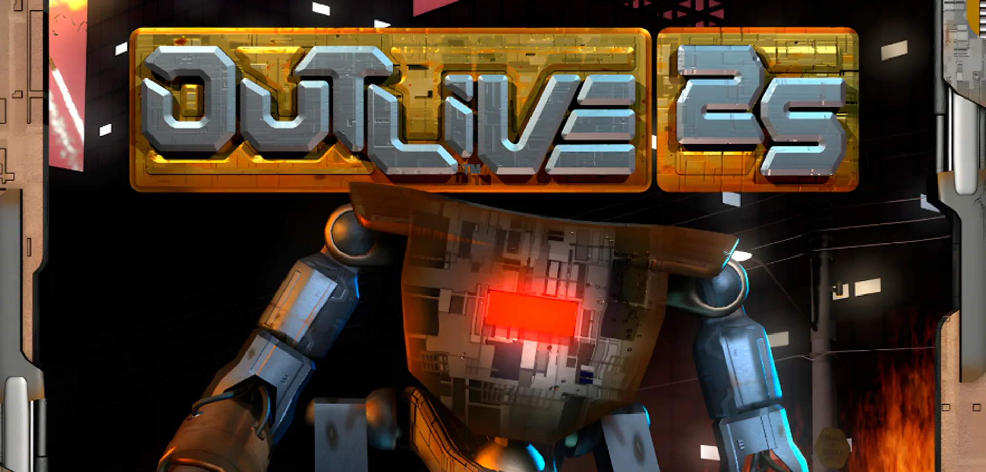 Capa de Outlive 25 com um Robô em uma moldura metálica.