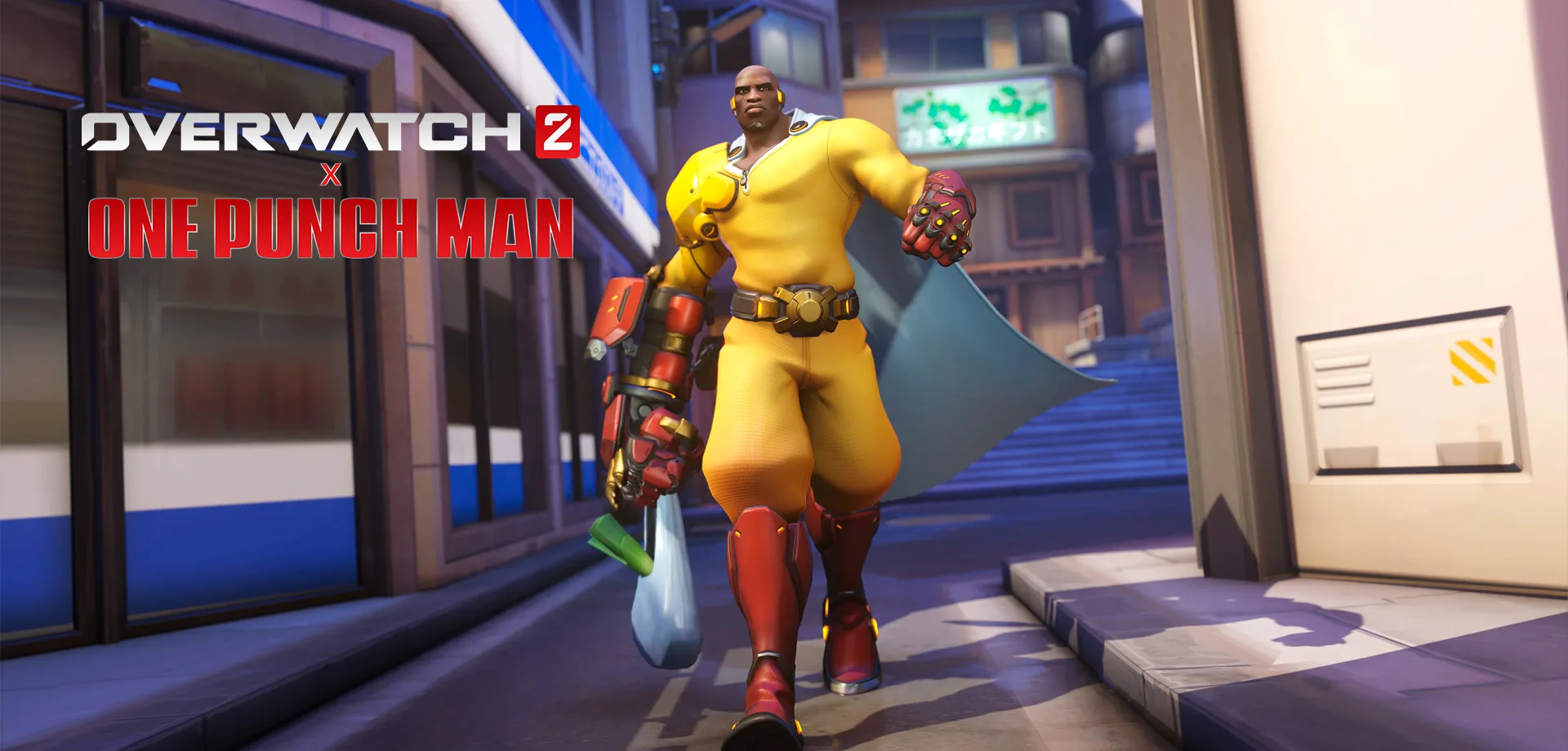 Doomfist com roupa de Saitama em colaboração de Overwatch 2 e On-Punch Man retornando.
