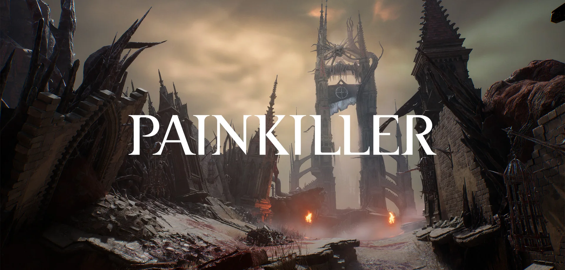 Local do Purgatório em Painkiller com destroços e uma guilhotina estilizada e gigantesca e a logo de Painkiller à frente.